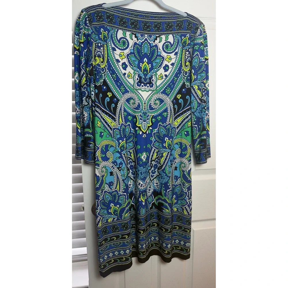 Sandra Darren Women Blue Green Paisley Print Boat  3/4 Sleeve Sheath Dress 6 256 - Picture 4 of 5
